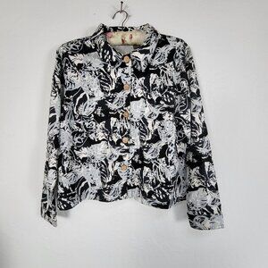 Jane Ashley Women Black & White Floral Button-Up Jacket Large Lightweight Casual